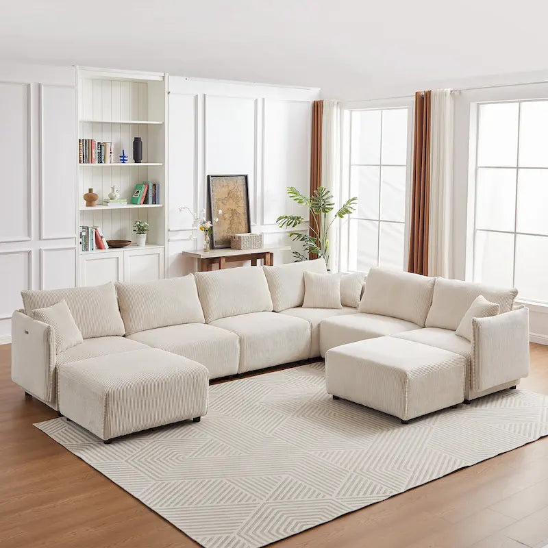 Canapé sectionnel modulaire en velours côtelé 8 places avec pouf
