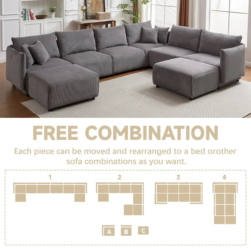 Canapé sectionnel modulaire en velours côtelé 8 places avec pouf