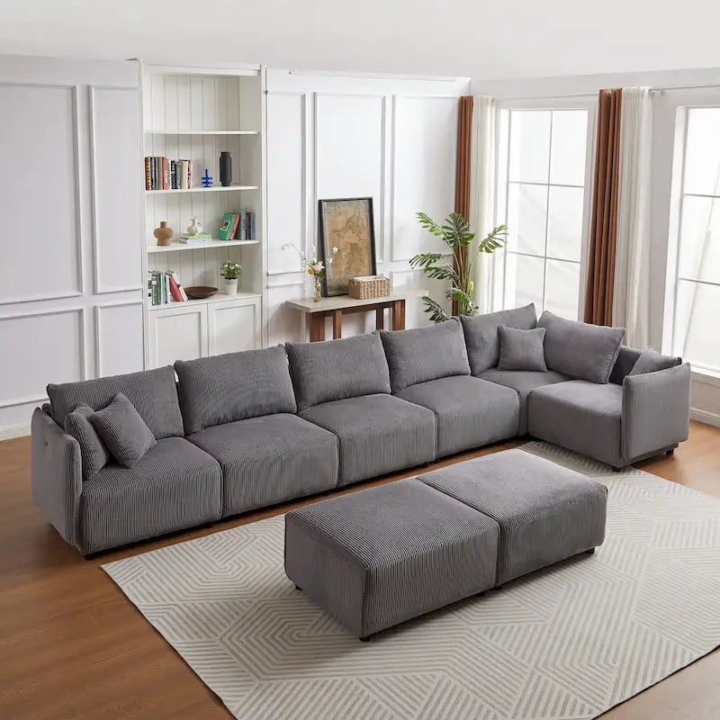 Canapé sectionnel modulaire en velours côtelé 8 places avec pouf