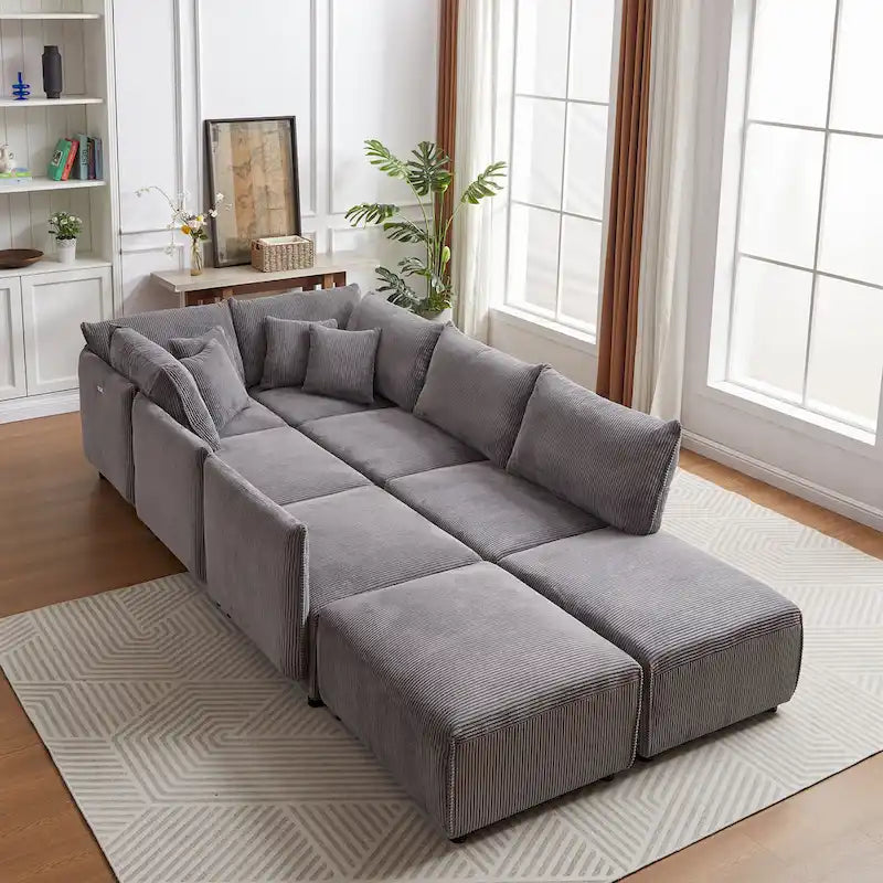 Canapé sectionnel modulaire en velours côtelé 8 places avec pouf