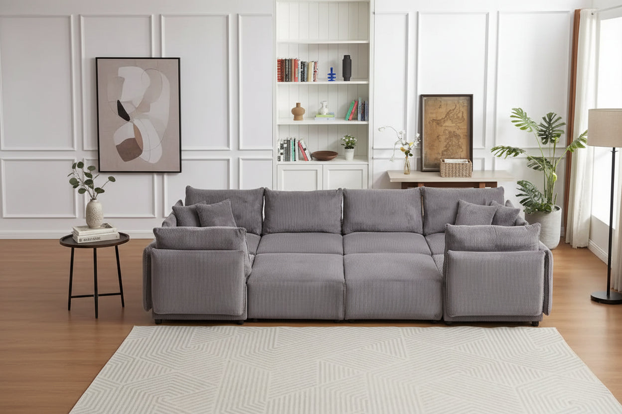 Canapé sectionnel modulaire en velours côtelé 8 places avec pouf
