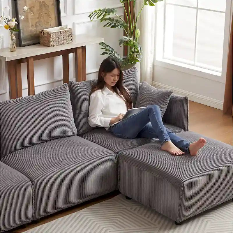 Canapé sectionnel modulaire en velours côtelé 8 places avec pouf