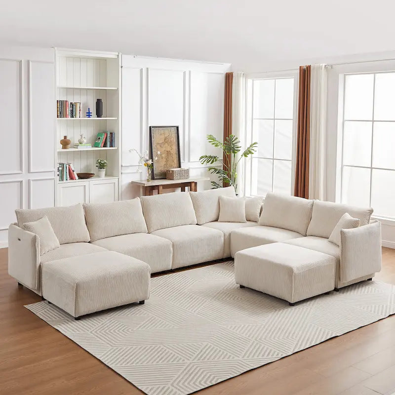 Canapé sectionnel modulaire en velours côtelé 8 places avec pouf