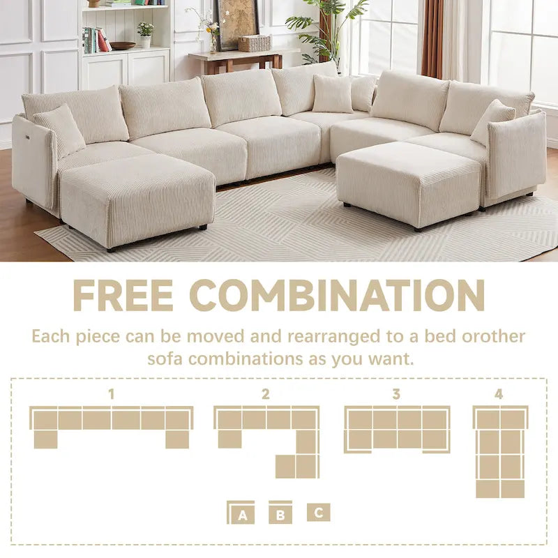 Canapé sectionnel modulaire en velours côtelé 8 places avec pouf