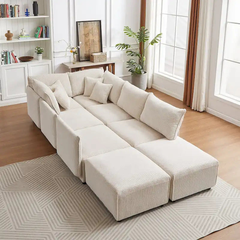Canapé sectionnel modulaire en velours côtelé 8 places avec pouf