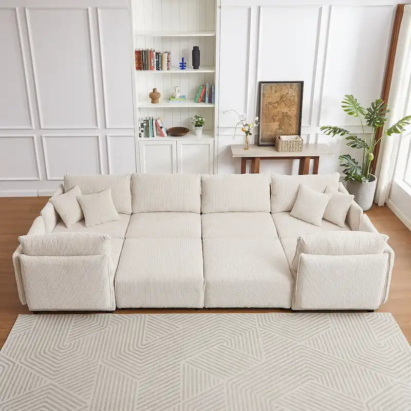Canapé sectionnel modulaire en velours côtelé 8 places avec pouf