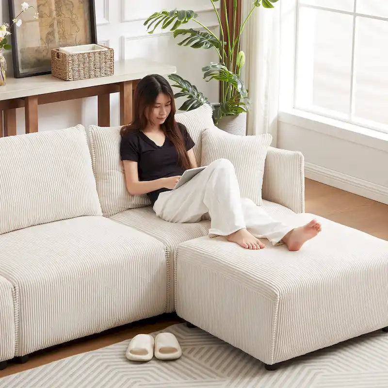 Canapé sectionnel modulaire en velours côtelé 8 places avec pouf
