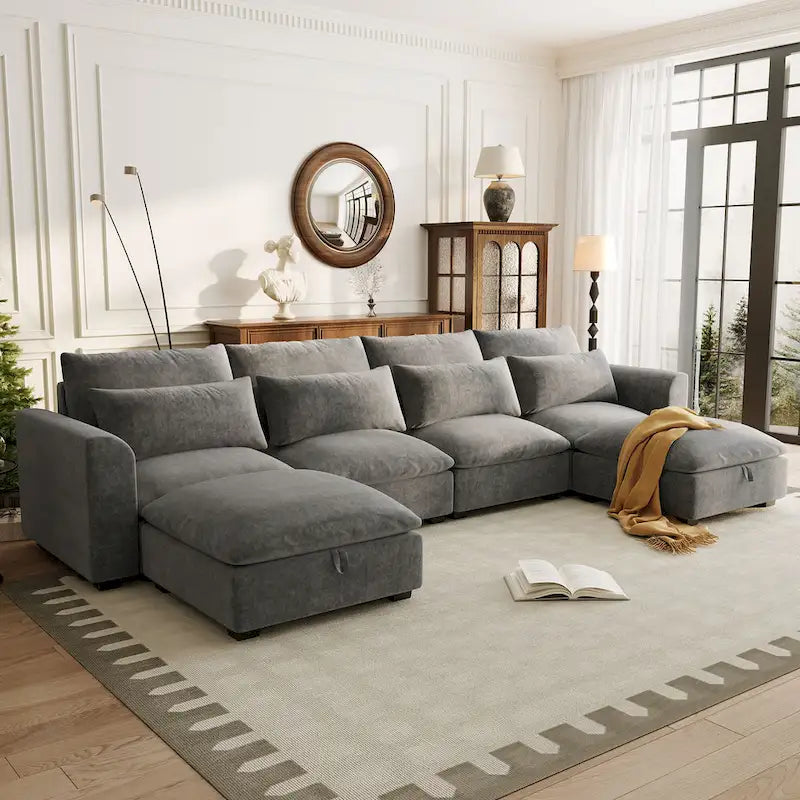 Canapé d'angle modulaire en U avec deux poufs