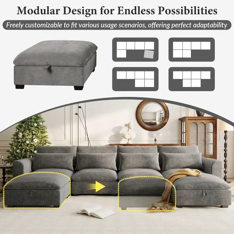 Canapé d'angle modulaire en U avec deux poufs