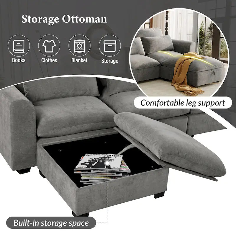 Canapé d'angle modulaire en U avec deux poufs