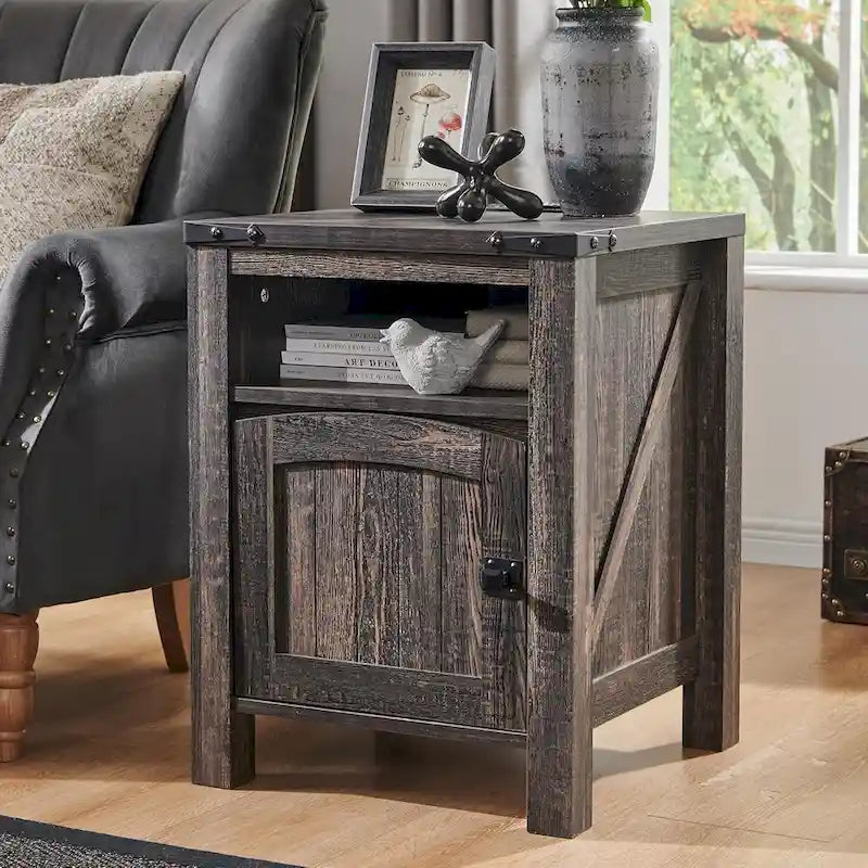 Table de chevet de ferme avec station de recharge, Table d'appoint en bois, Table de bout