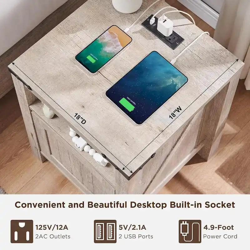 Table de chevet de ferme avec station de recharge, Table d'appoint en bois, Table de bout