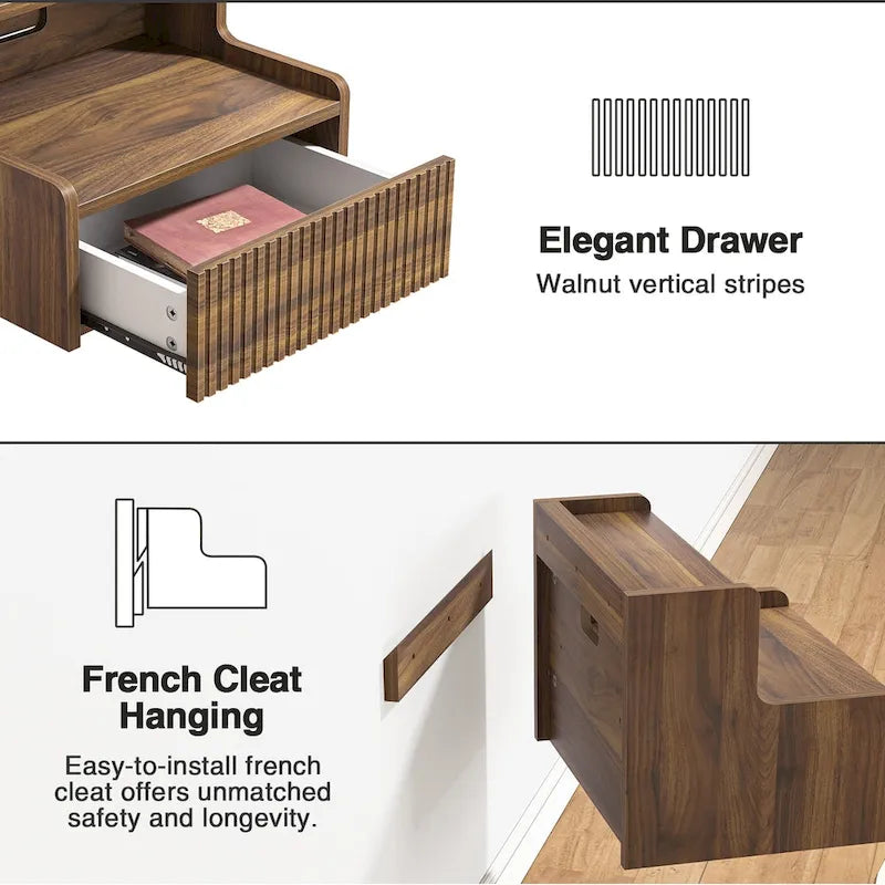 2 Tables de Chevet Flottantes Modernes pour Chambre à Coucher avec Tiroir de Rangement et Étagère Ouverte