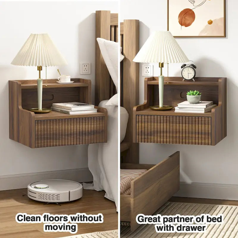 2 Tables de Chevet Flottantes Modernes pour Chambre à Coucher avec Tiroir de Rangement et Étagère Ouverte