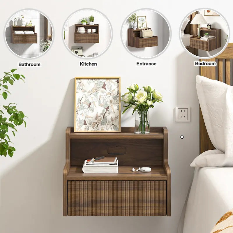 2 Tables de Chevet Flottantes Modernes pour Chambre à Coucher avec Tiroir de Rangement et Étagère Ouverte