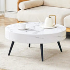 Table basse ronde moderne avec motif marbre, pieds en métal noir et pieds réglables, pour salon
