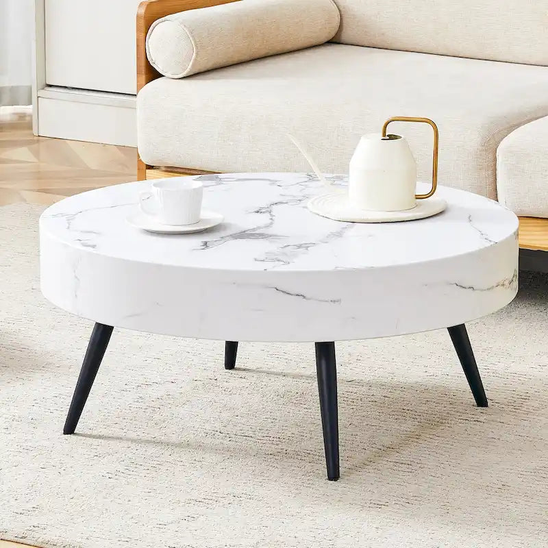 Table basse ronde moderne avec motif marbre, pieds en métal noir et pieds réglables, pour salon