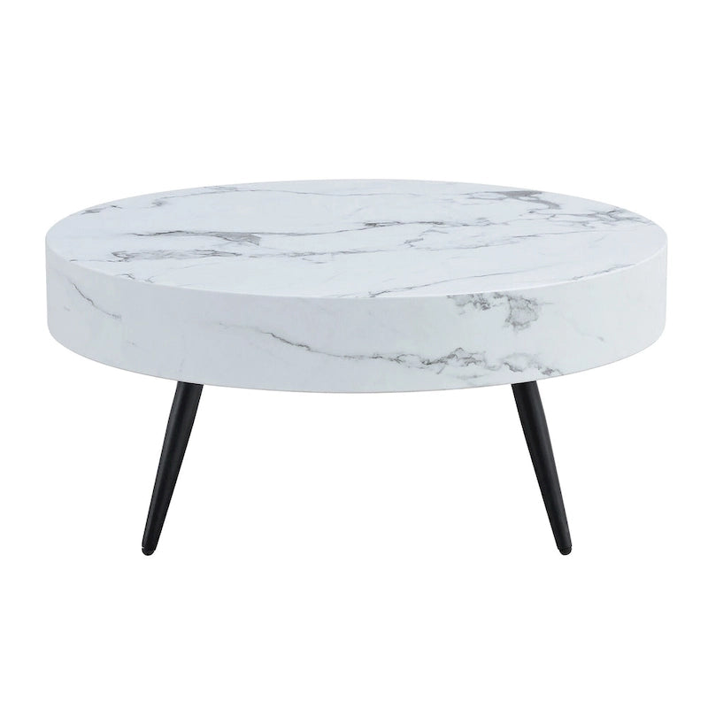 Table basse ronde moderne avec motif marbre, pieds en métal noir et pieds réglables, pour salon