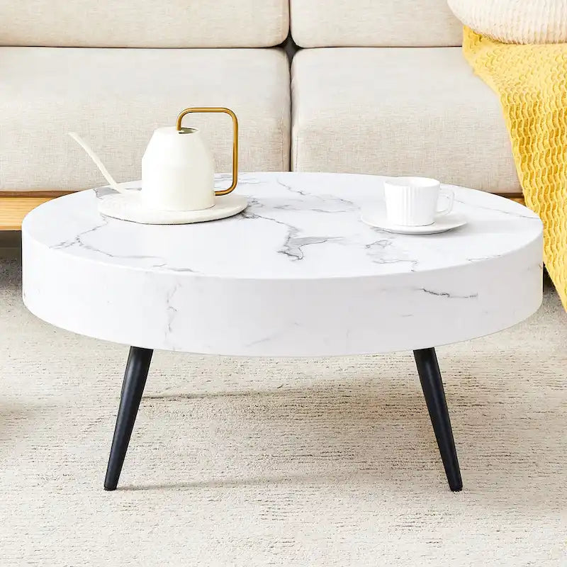 Table basse ronde moderne avec motif marbre, pieds en métal noir et pieds réglables, pour salon