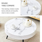 Table basse ronde moderne avec motif marbre, pieds en métal noir et pieds réglables, pour salon