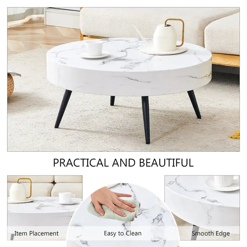 Table basse ronde moderne avec motif marbre, pieds en métal noir et pieds réglables, pour salon