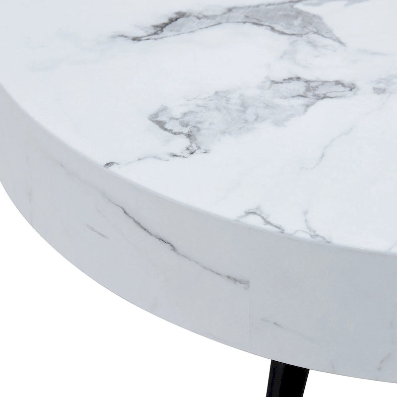 Table basse ronde moderne avec motif marbre, pieds en métal noir et pieds réglables, pour salon