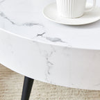 Table basse ronde moderne avec motif marbre, pieds en métal noir et pieds réglables, pour salon