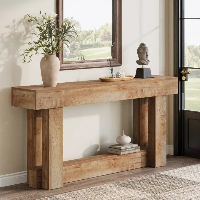 Table console en bois de 63 po, Table d'entrée de style campagnard à 2 niveaux