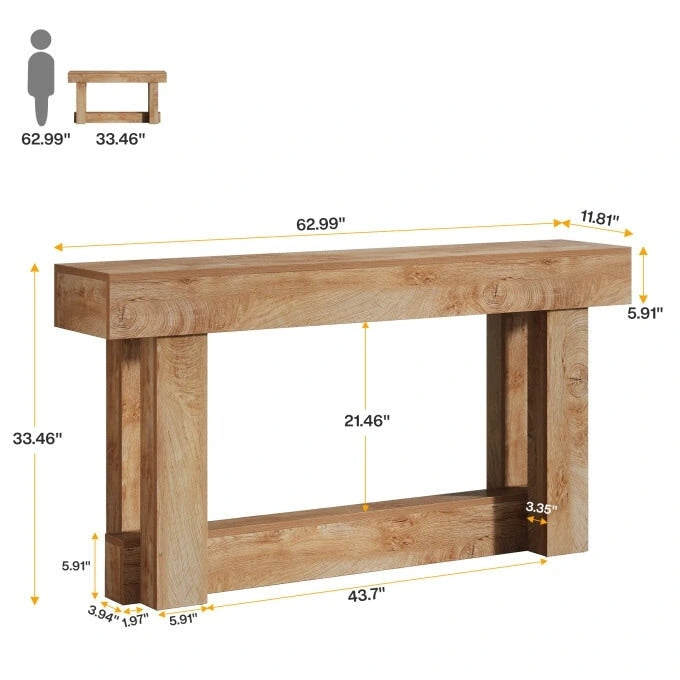Table console en bois de 63 po, Table d'entrée de style campagnard à 2 niveaux