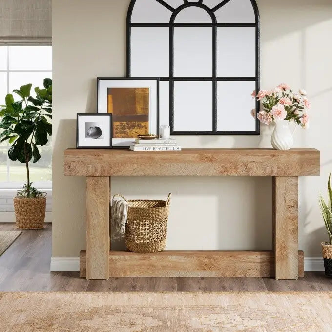 Table console en bois de 63 po, Table d'entrée de style campagnard à 2 niveaux