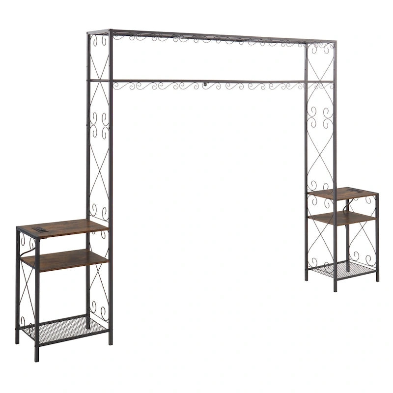 Cadre de lit Queen en métal marron rustique, tête de lit avec 2 tables de chevet et bibliothèque