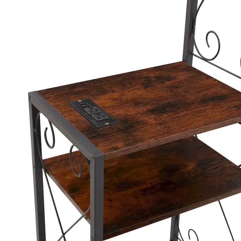 Cadre de lit Queen en métal marron rustique, tête de lit avec 2 tables de chevet et bibliothèque