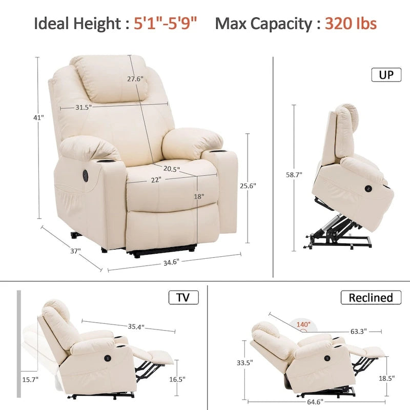 Fauteuil inclinable électrique avec massage et chaleur, 3 positions, ports USB, similicuir