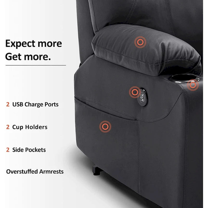 Fauteuil inclinable électrique avec massage et chaleur, 3 positions, ports USB, similicuir