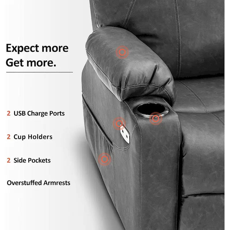 Fauteuil inclinable électrique avec massage et chaleur, 3 positions, ports USB, similicuir