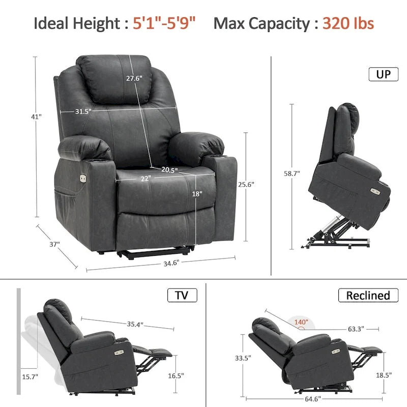Fauteuil inclinable électrique avec massage et chaleur, 3 positions, ports USB, similicuir