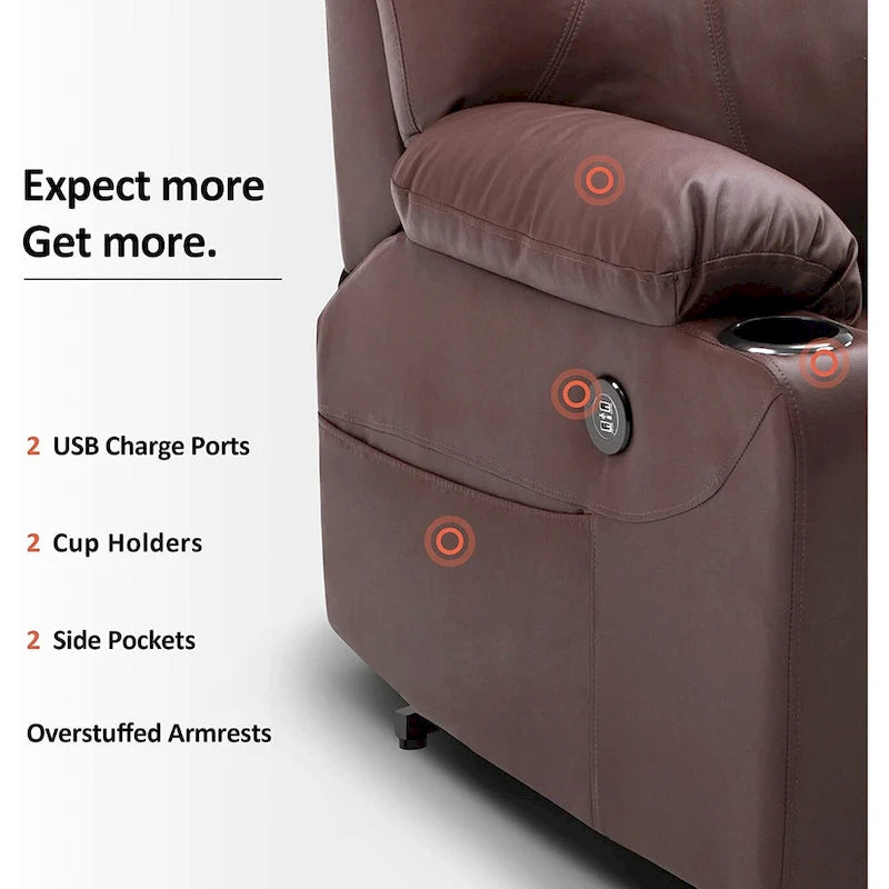 Fauteuil inclinable électrique avec massage et chaleur, 3 positions, ports USB, similicuir