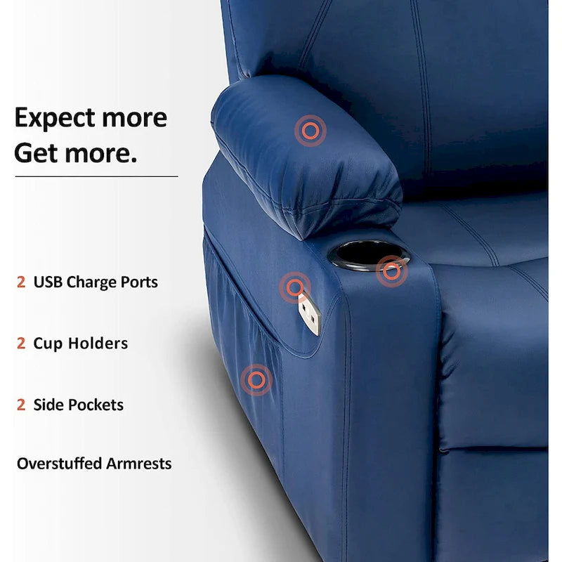 Fauteuil inclinable électrique avec massage et chaleur, 3 positions, ports USB, similicuir