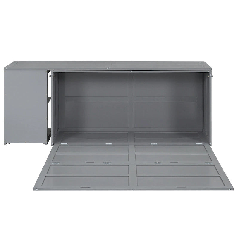 Lit escamotable Queen gris avec bureau pivotant et étagères - Design gain de place en pin massif et MDF