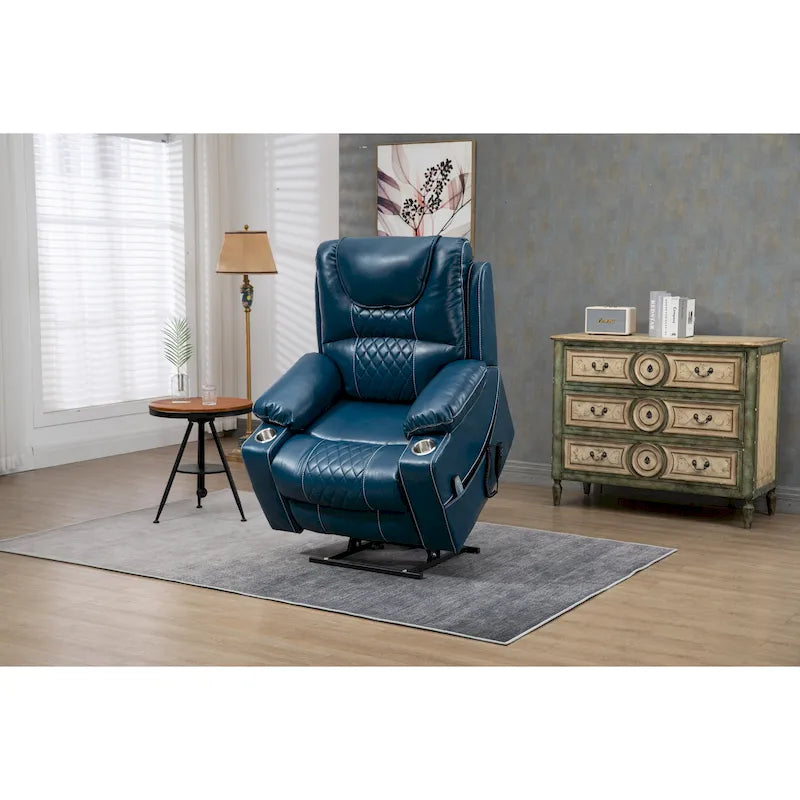 Fauteuil inclinable releveur surdimensionné en cuir PU avec massage, chauffage lombaire, porte-gobelet, inclinaison à plat 180°