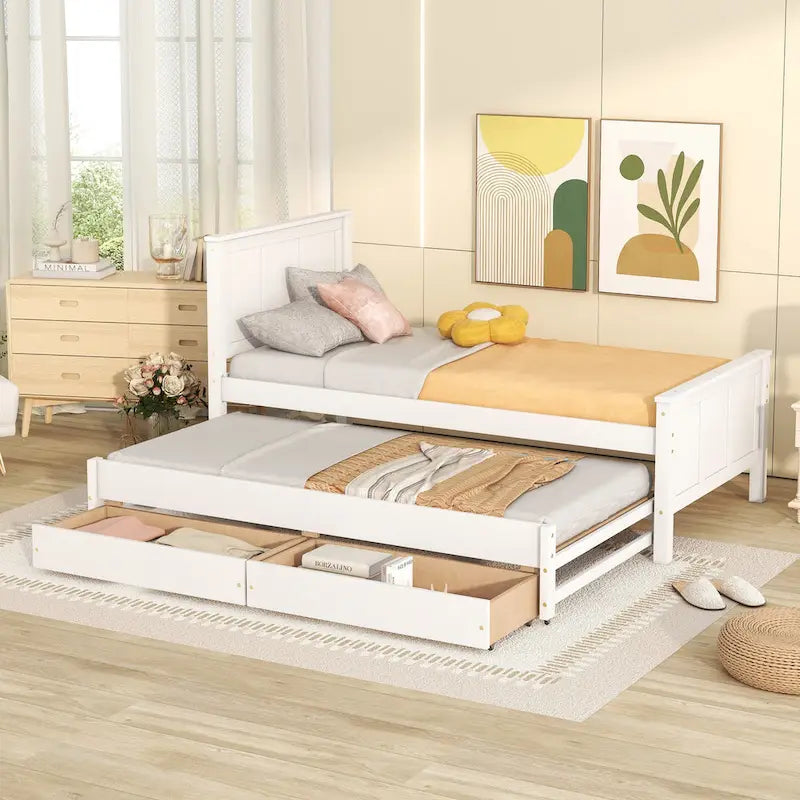Lit plateforme double en bois massif avec lit gigogne et tiroirs
