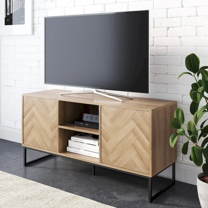 Meuble TV Console Média avec Rangement Caché Motif Chevron Bois et Métal - 119 cm