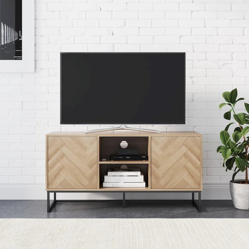 Meuble TV Console Média avec Rangement Caché Motif Chevron Bois et Métal - 119 cm