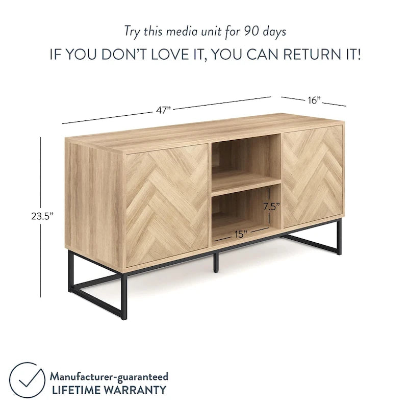 Meuble TV Console Média avec Rangement Caché Motif Chevron Bois et Métal - 119 cm