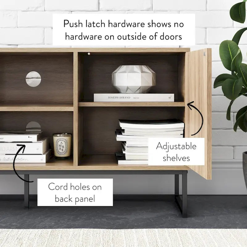 Meuble TV Console Média avec Rangement Caché Motif Chevron Bois et Métal - 119 cm