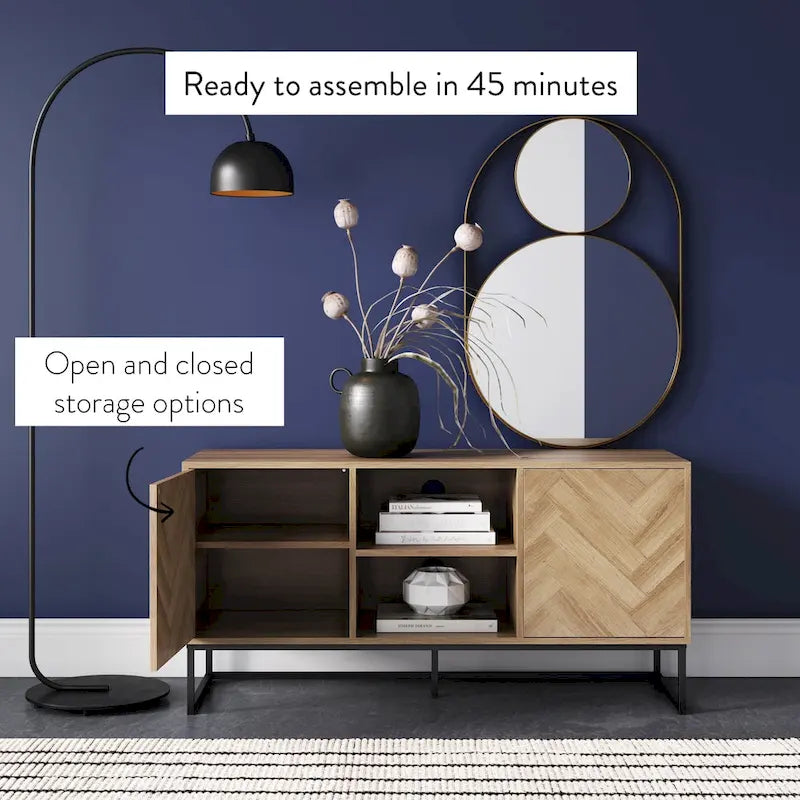 Meuble TV Console Média avec Rangement Caché Motif Chevron Bois et Métal - 119 cm