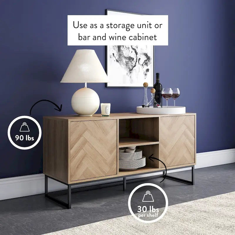 Meuble TV Console Média avec Rangement Caché Motif Chevron Bois et Métal - 119 cm