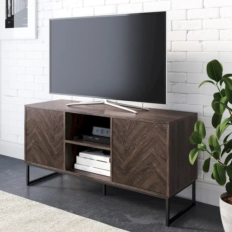 Meuble TV Console Média avec Rangement Caché Motif Chevron Bois et Métal - 119 cm