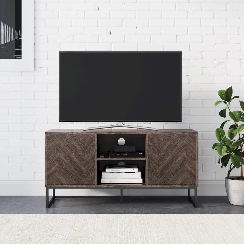 Meuble TV Console Média avec Rangement Caché Motif Chevron Bois et Métal - 119 cm