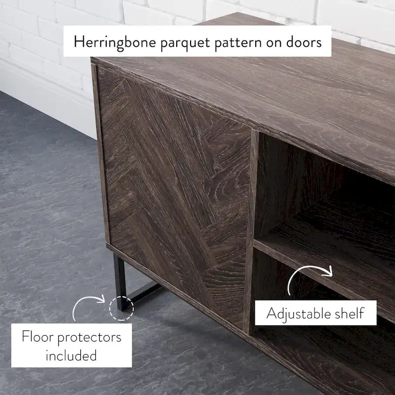 Meuble TV Console Média avec Rangement Caché Motif Chevron Bois et Métal - 119 cm